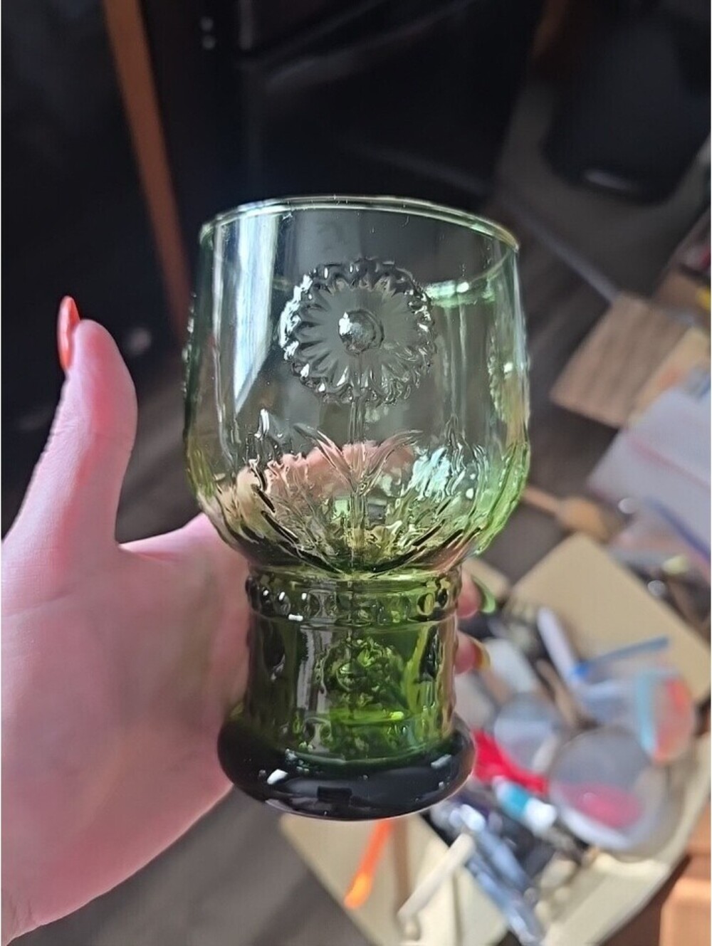 Anthropologie Helianthus Green Water Goblets Raised Flowers Portugal -SET OF 2